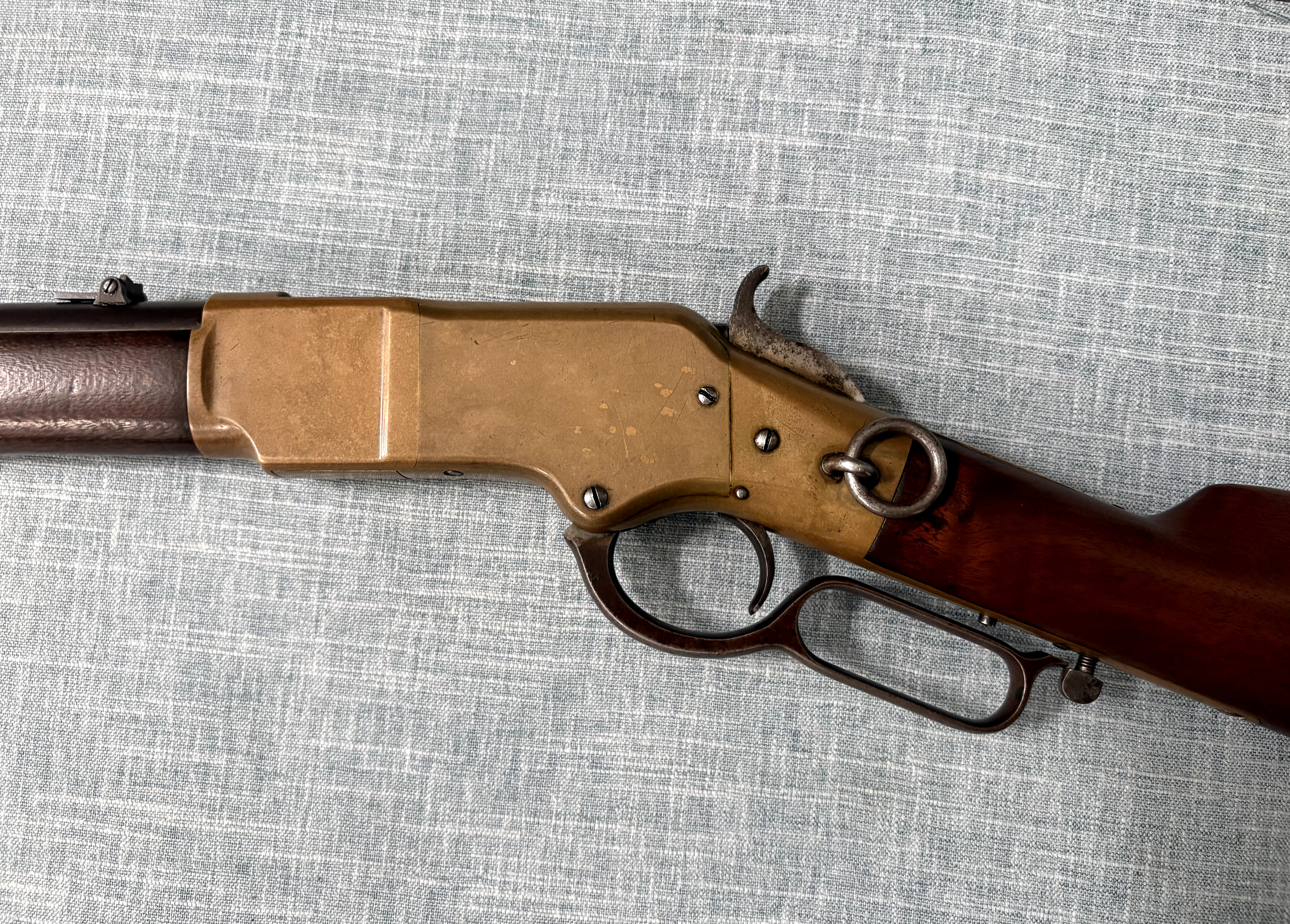 Winchester Model 1866 First Model left-side brass receiver, saddle ring, hammer, and lever