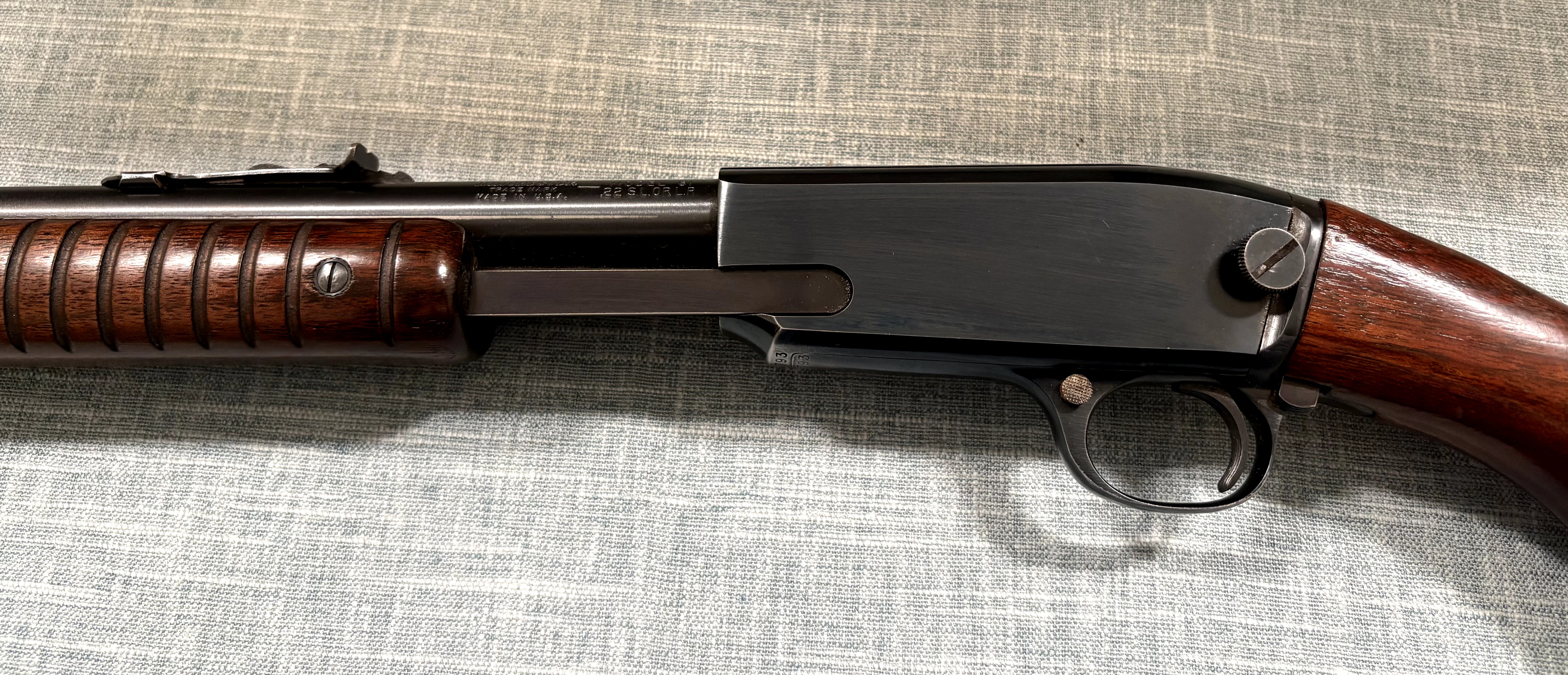 Winchester Model 61 left-side receiver, trigger guard, take-down screw, and ribbed forearm